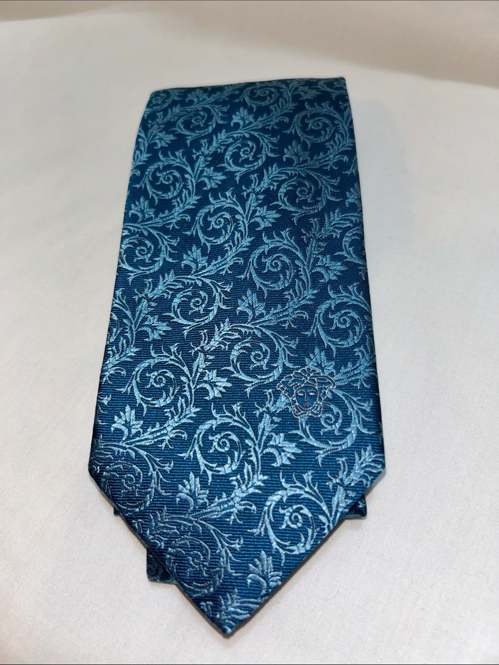 Versace Luxury Silk Tie Leaf & Floral w/Medusa Head Emblem Dark Teal NWOT
